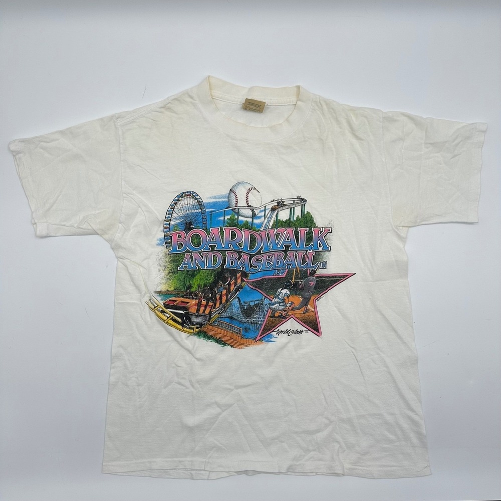 Vintage Boardwalk and Baseball Park T-Shirt Mens Small White World ClassREAD
